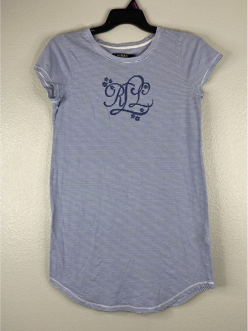 Ralph Lauren Women Small Blue White Stripe Sleep Shirt Pajama Floral Script Logo